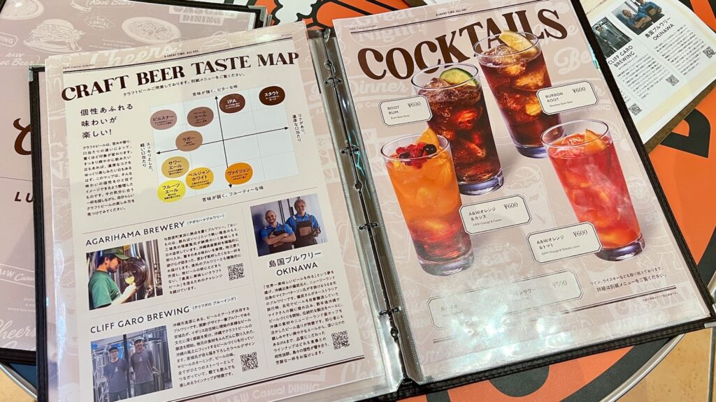 クラフトビールテイストマップとカクテルの写真が載ったディナーメニュー