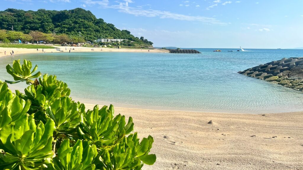 鮮やかなモンパノキの葉と、きめ細やかな白い砂浜、澄んだ水色の海が美しい浜比嘉ビーチ