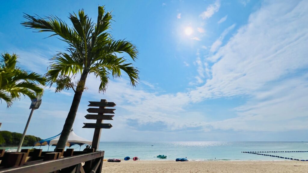 太陽が輝く青空とヤシの木、白い砂浜が広がるニライビーチ