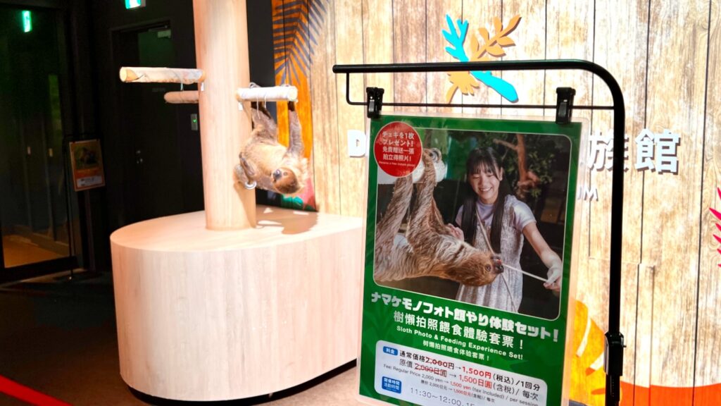 木のオブジェの枝にぶら下がっているナマケモノと、その手前に設置された「ナマケモノフォト餌やり体験セット！」の案内看板