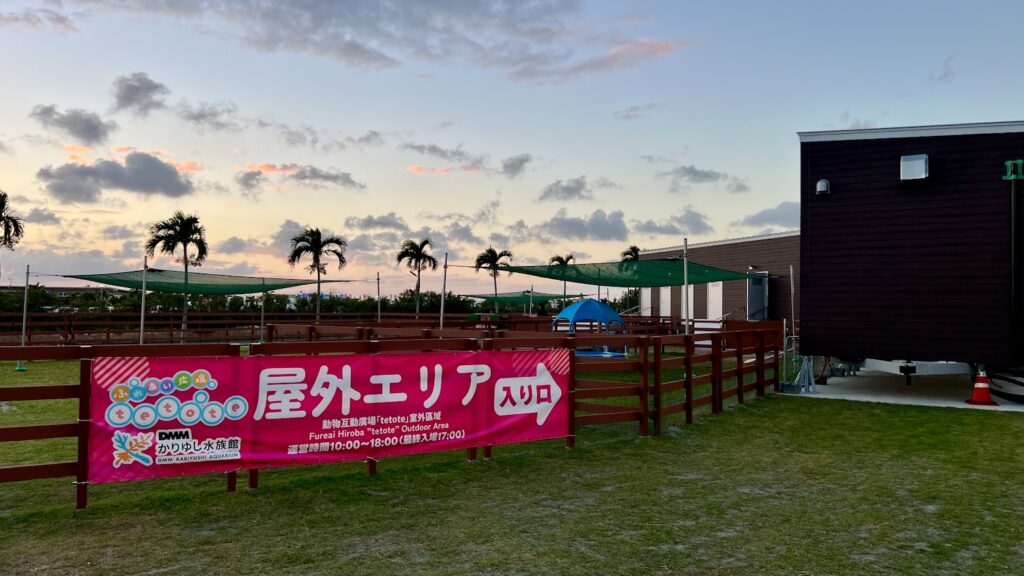 夕暮れ時の空とヤシの木を背景にした、DMMかりゆし水族館の「屋外エリア 入り口」を示すピンク色の案内横断幕が張られた木の柵と広場